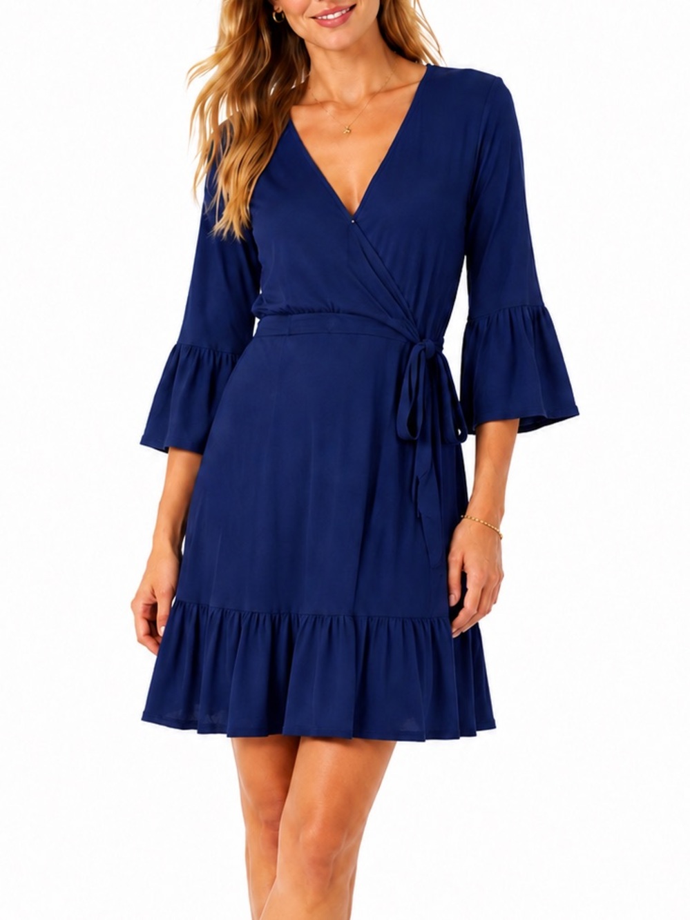 Lilly Pulitzer wrap dress ruffled navy blue jersey knit preppy size M